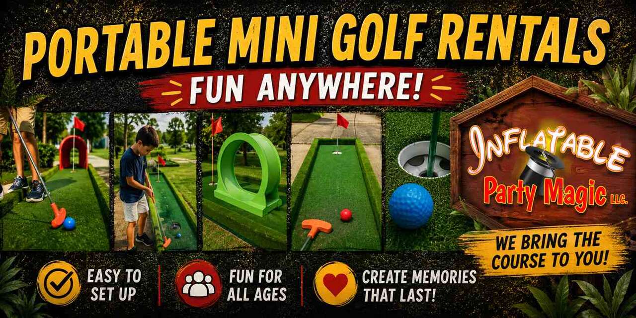 Mobile mini golf rental in Colleyville Texas — portable miniature golf course with obstacles deliver…
