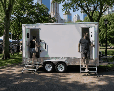 Inflatable Party Magic portable restroom trailer being delivered to a Midlothian Texas outdoor event…