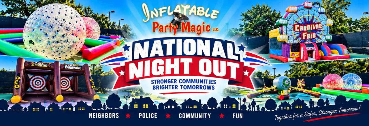 National Night Out entertainment rentals set up at a DFW community block party from Inflatable Party…