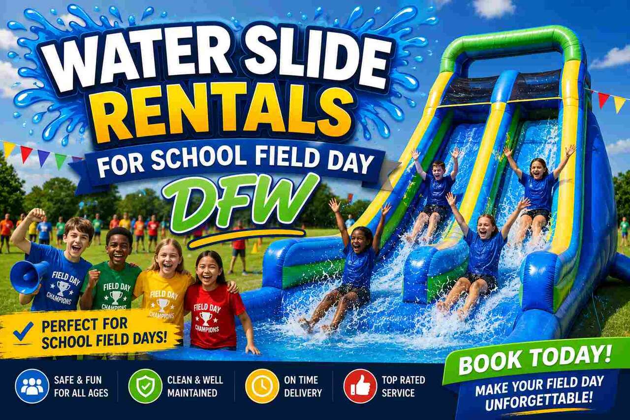 Water Slide Rentals for School Field Days in DFW Texas — Inflatable Party Magic Water slide rentals for school field days in DFW Texas from Inflatable Party Magic — dual-lane slide…