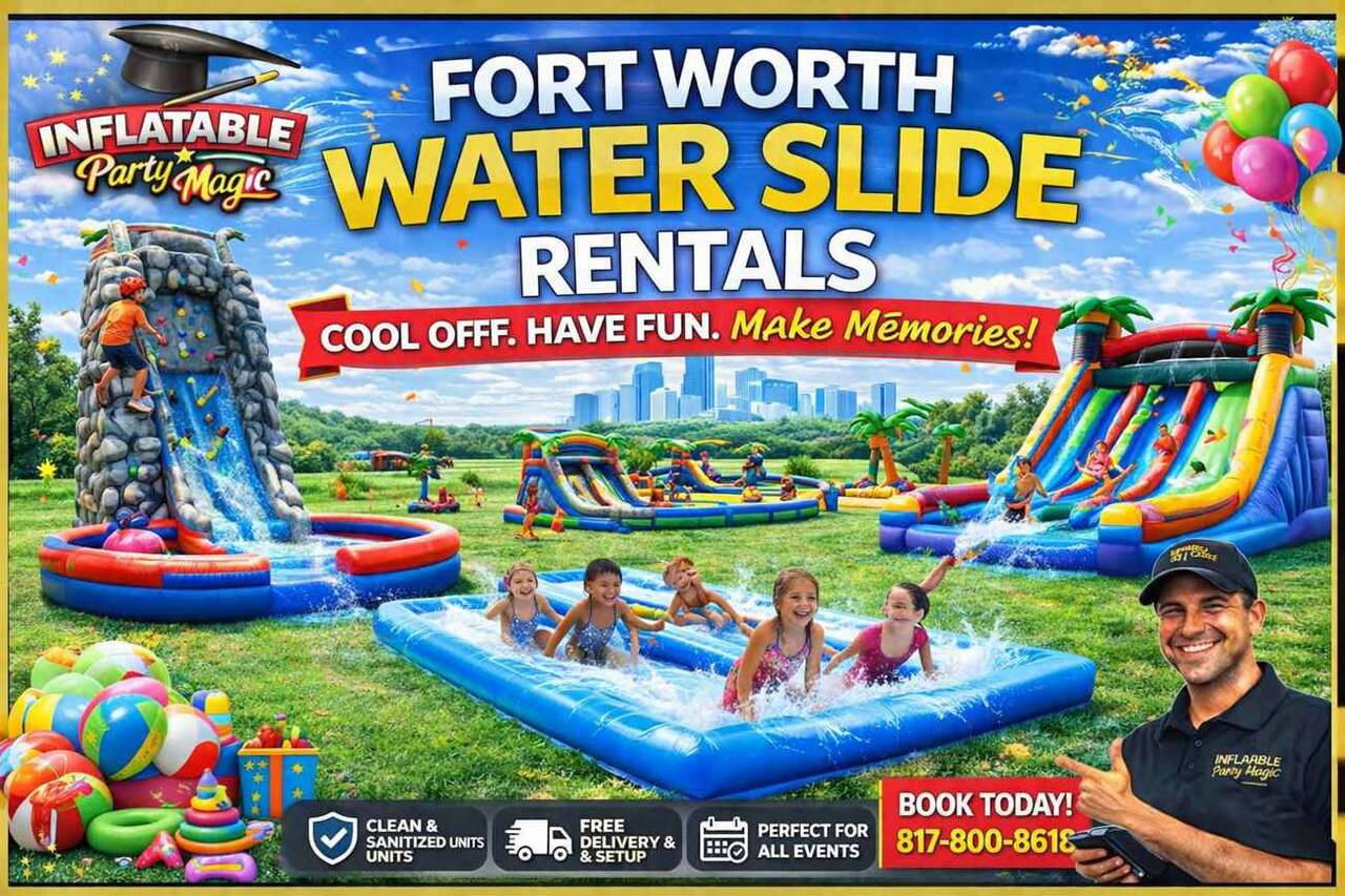 Water slide rentals in Fort Worth TX from Inflatable Party Magic showing a colorful inflatable water…