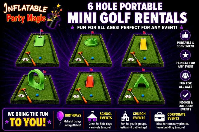 6 hole portable mini golf course rental for mid-sized events in DFW Texas from Inflatable Party Magic — the most frequently booked course at $415 for 50-150 guest events