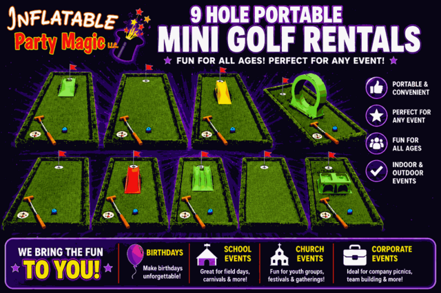 6 hole portable mini golf course rental for mid-sized events in DFW Texas from Inflatable Party Magic — the mid-sized option between the 3-hole backyard course and the 9-hole flagship