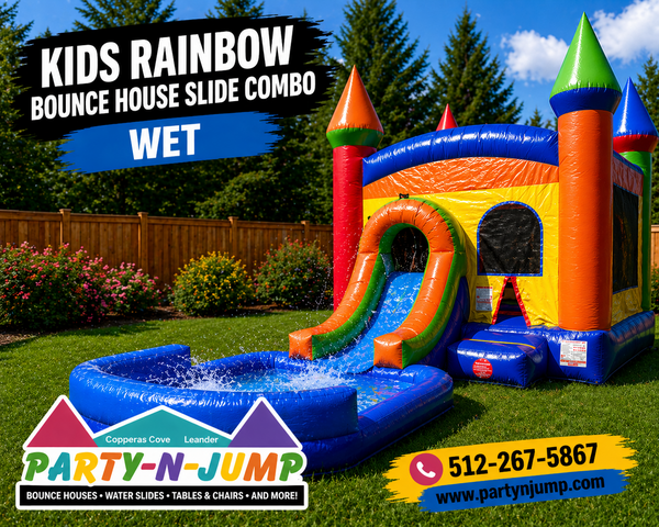 Kids Rainbow Bounce House Slide Combo with Wet Pool 1E