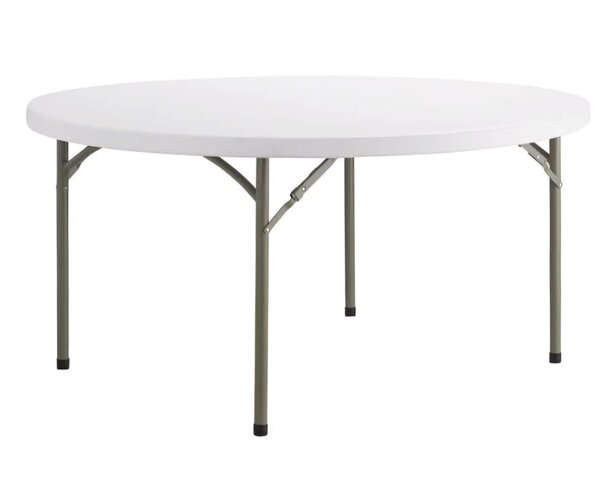 1- 5ft Adult Round Table and 8 White Plastic Chairs