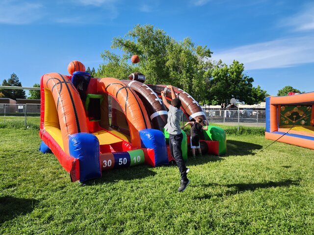 inflatable 2 in 1 sports zone basketball and football games for rent