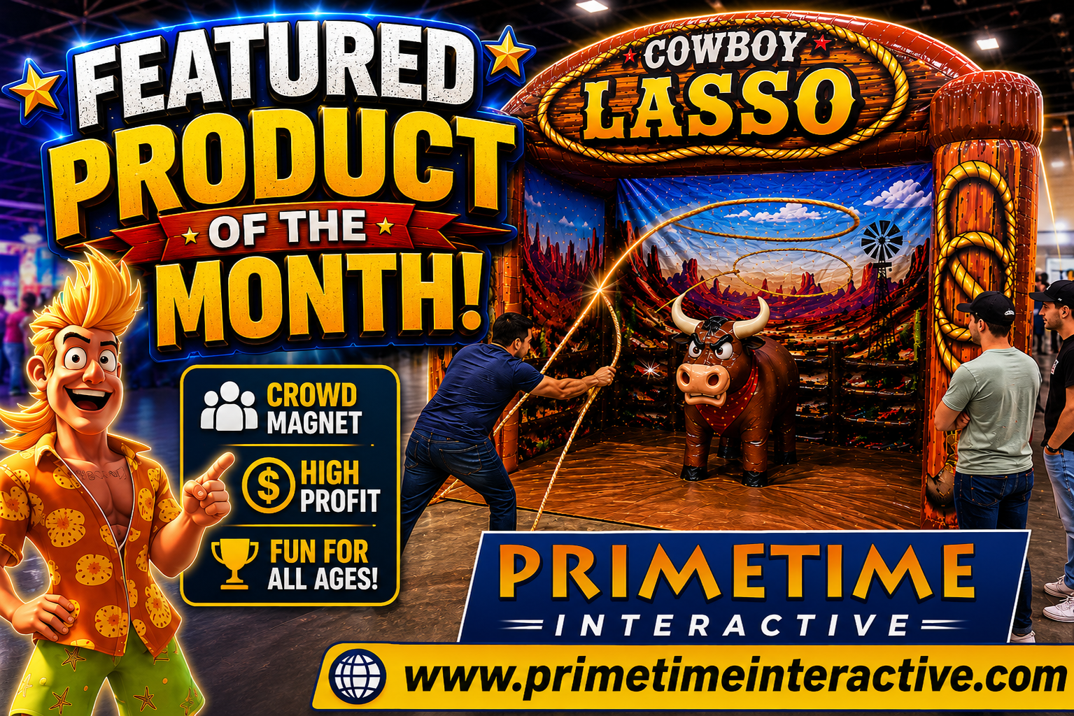 Cowboy Lasso inflatable interactive game for sale by Prime Time Interactive, featured product of the month.