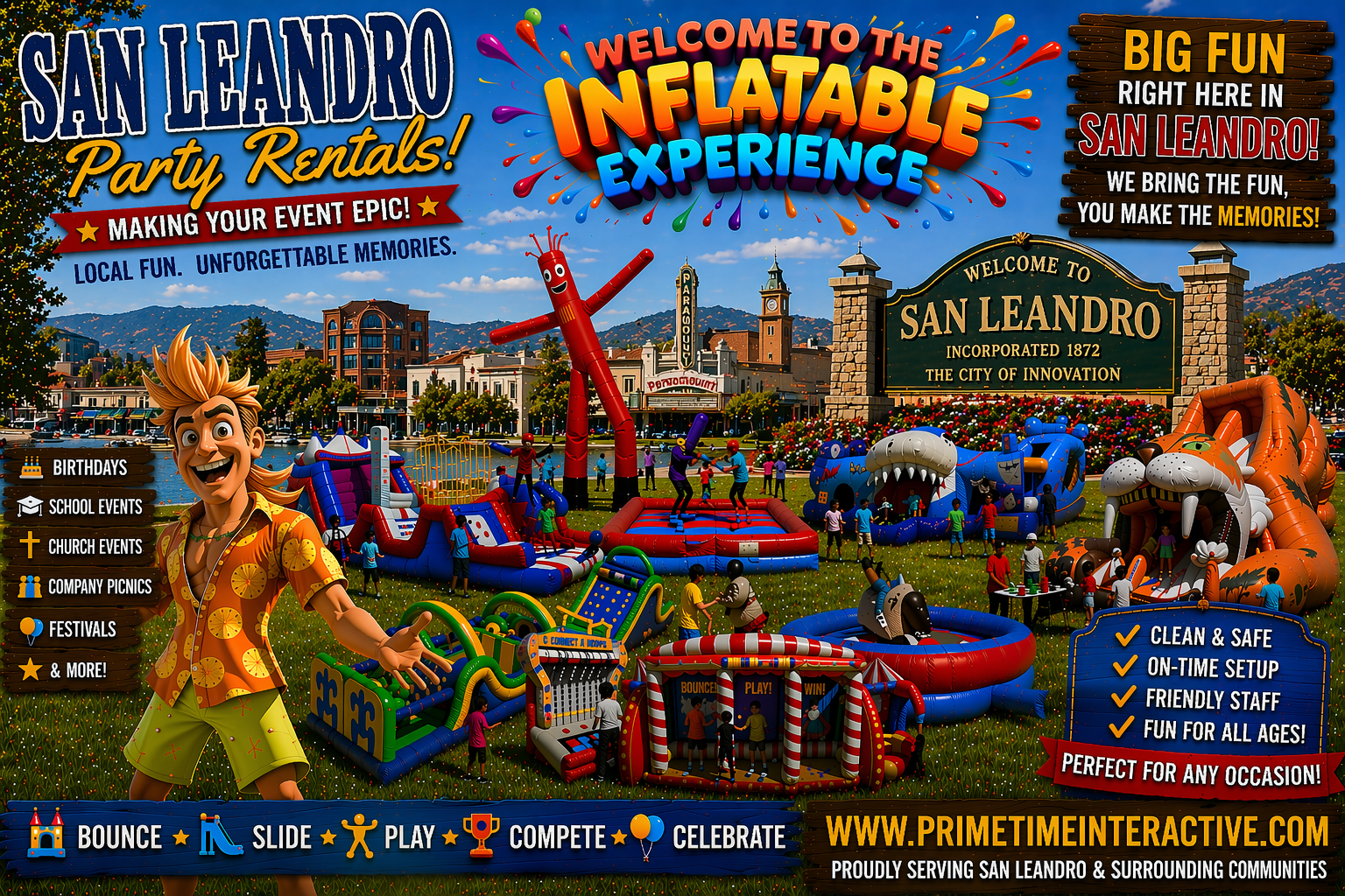 san leandro Prime Time Interactive northern california and bay area kids fun items party rental inflatable games bounce houses and ideas for kids teens adults children's special events