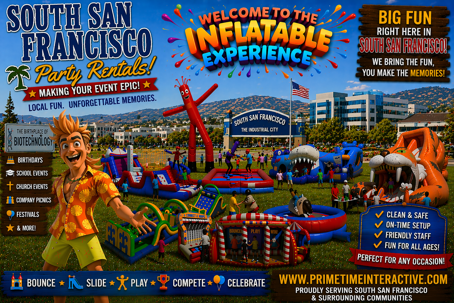 South San Francisco Daly City Prime Time Interactive northern california and bay area kids fun items party rental inflatable games bounce houses and ideas for kids teens adults children