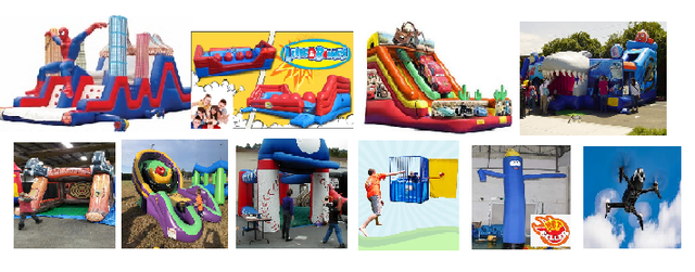 6. High Capacity Package - Spiderman Obstacle Course, Wipeout, 22ft Cars Slide, TMNT Bounce house, Axe throw, Bulls eye ball, Speed pitch, Dunk tank, Drone footage, skydancer, 5 generators