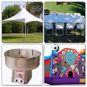 Ultimate Package for 32 to 50 People with Tent, Tables and Chairs, Bounce House, and Concession Machine