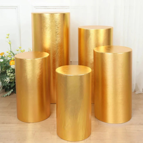 Set of 5 Metallic Gold Cylinder Stretch Fit Pedestal Pillar Covers, Spandex