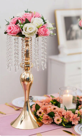 Gold Vase for Centerpieces with Chandelier Crystals with white Flower