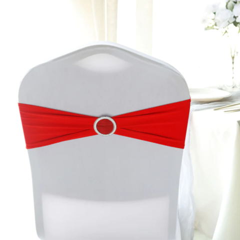 Red Spandex Stretch Chair Sashes with Silver Diamond Ring Slide Buckle