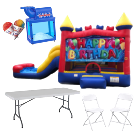 Happy Birthday Combo 4 in 1 Dry Bouncer + Snow Cone Machine + 16 Chairs & 2 Tables 