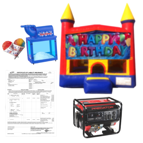 Happy Birthday Fun House 13x13 + Snow Cone Machine + Generator + Insurance Certificate 
