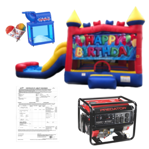 Happy Birthday Combo 4 in 1 Dry Bouncer + Snow Cone Machine + Generator + Insurance Certificate 