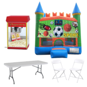 Sports Fun House 13x13 + Popcorn Machine + 16 Chairs & 2 Tables 