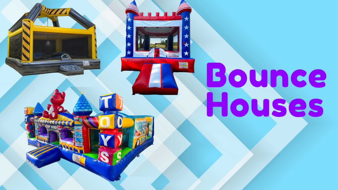 Assorted inflatable bounce houses for rent from Rebound Party Rentals in Ocala, FL, featuring a construction-themed bounce house, an American flag-inspired bounce house, and a vibrant 'Toy Story' themed play area, with the bold text 'Bounce Houses' overlaid, perfect for children's parties and family gatherings.