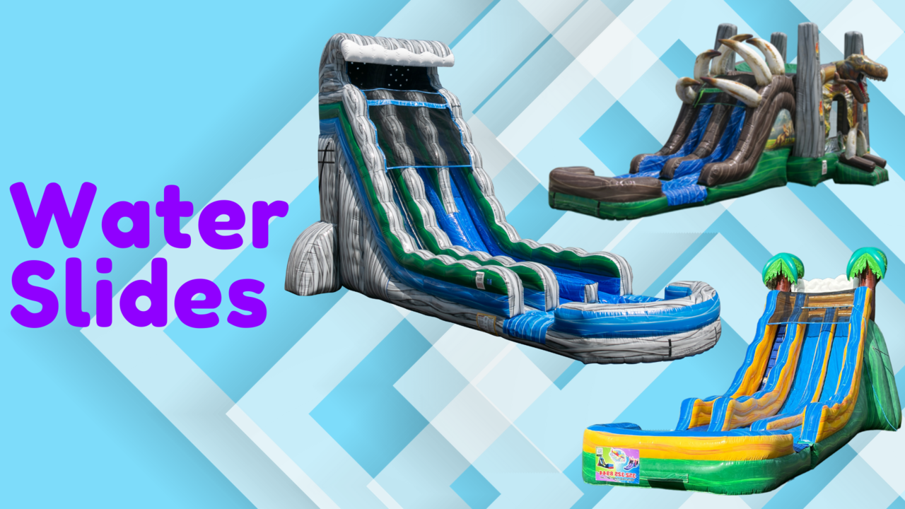 A vibrant selection of inflatable water slides available for rent from Rebound Party Rentals in Ocala, FL, featuring multiple designs including a wave slide, a tropical-themed slide, and a curved racing slide, with the bold text 'Water Slides' prominently displayed, ideal for enhancing backyard parties and events with fun water activities.