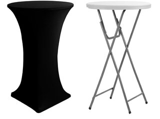 32” Round Cocktail Height Tables with black tablecloths on request