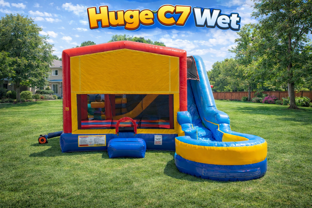 Huge C7 Combo Obstacle Course with Slide & 2 Basketball Hoops Wet