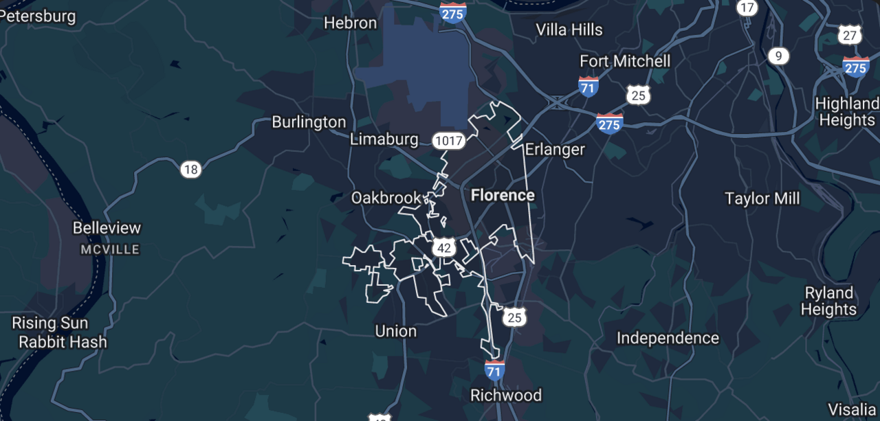 Florence KY service area and other surrounding cities where bounce houses can be rented from Party Go Round.