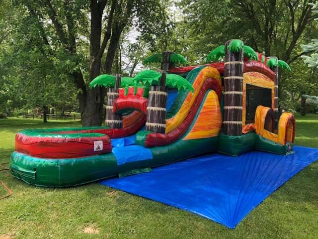 Tropical-themed inflatable water slide and bounce house with palm trees on a grassy lawn in an outdoor setting.