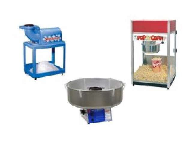 Concession stand essentials from Party Go Round, featuring a blue snow cone machine, a silver cotton candy maker, and a classic popcorn machine, ready to serve up delicious treats at your next Maineville, OH bounce house or water slide party.