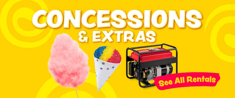 Sweeten your Maineville, OH event with Party Go Round's concession rentals, featuring fluffy pink cotton candy, colorful snow cones, and a red generator, all available to complement your bounce house and water slide fun.