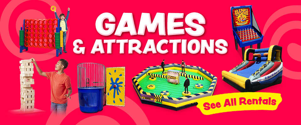 Engage kids with fun games and attractions from Party Go Round, ideal for Maineville, OH events, featuring giant Connect Four, Jenga, a dunk tank, and inflatable ring toss and boxing ring. Explore more to elevate your party experience.