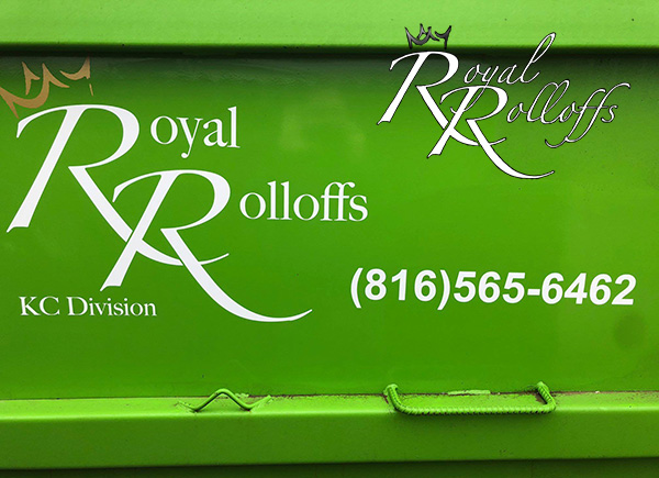 Green dumpster from Royal Rolloffs stationed at a job site in Lenexa, Kansas