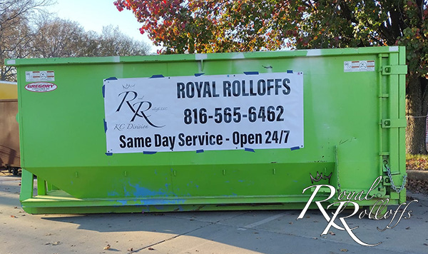 Green Royal Rolloffs dumpster handy for a residential cleanup in Lenexa, Kansas
