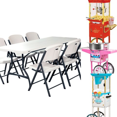 Party Package #1 ( 2 tables & 12 chairs , choose one concession machine)