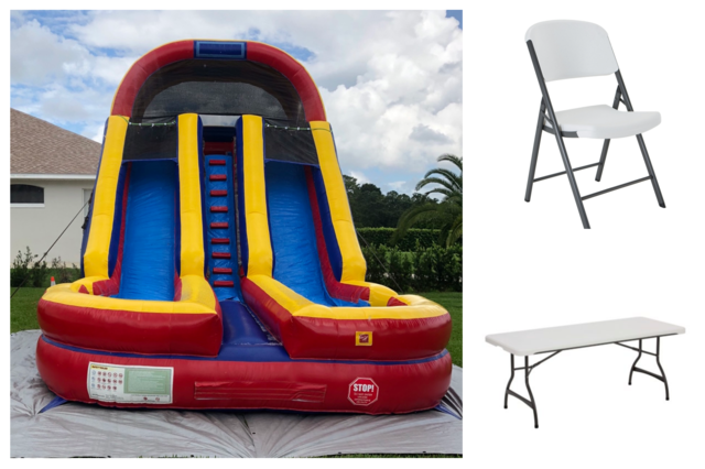 Party Package #2 ( 2 tables & 12 chairs , 18 FT double lane slide)