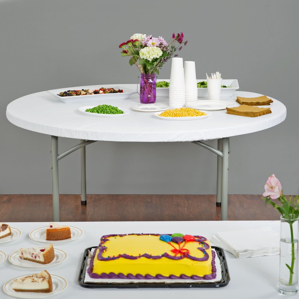 Stay Put 60" Round White Plastic Disposable Table Cover SacJumps