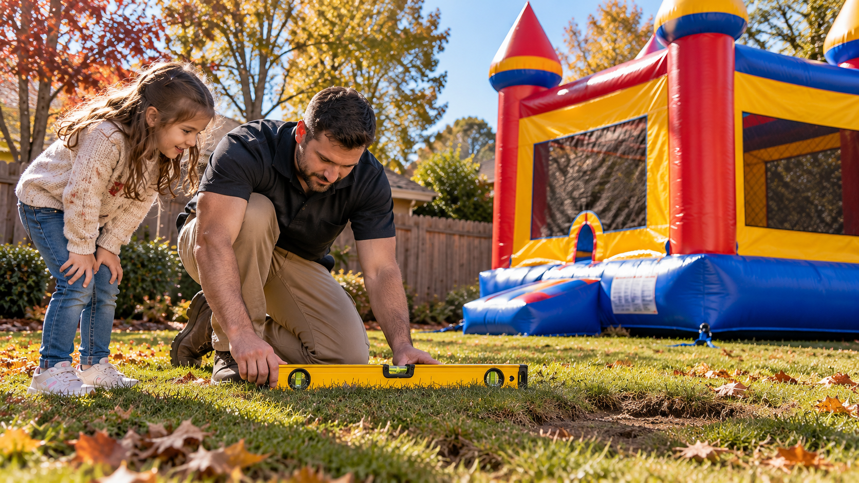 Bounce house set up in a Sacramento backyard during fall
