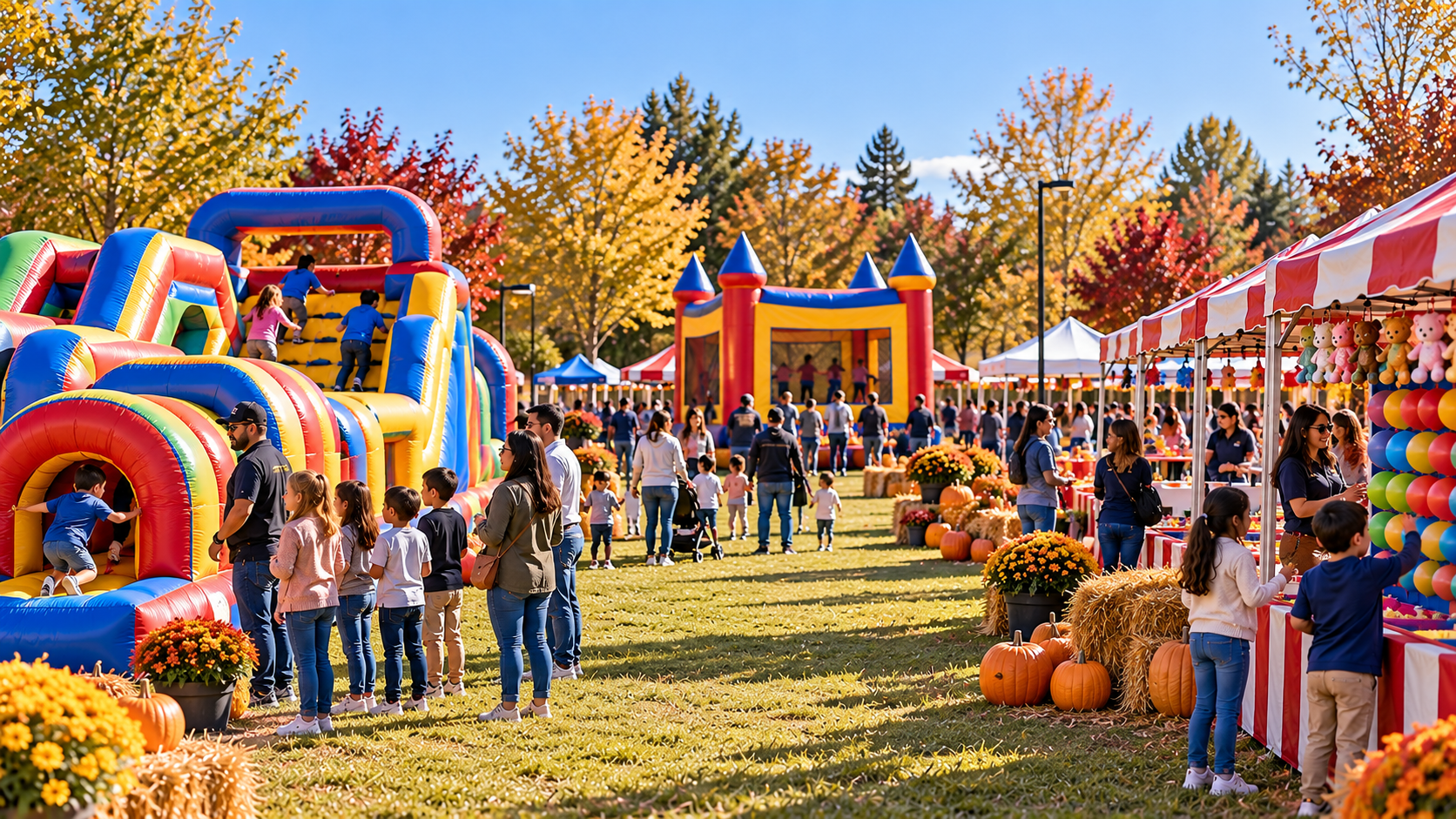 Fall festival with an inflatable obstacle course and carnival games in Sacramento