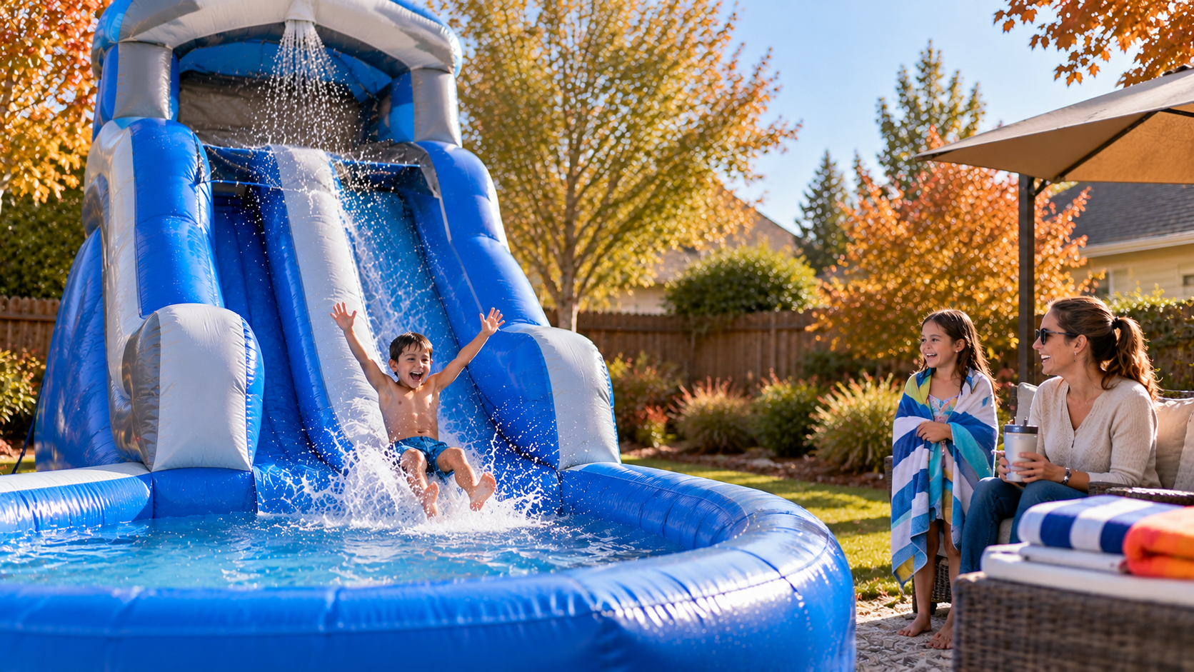 Inflatable water slide in a Sacramento backyard during an early-fall afternoon