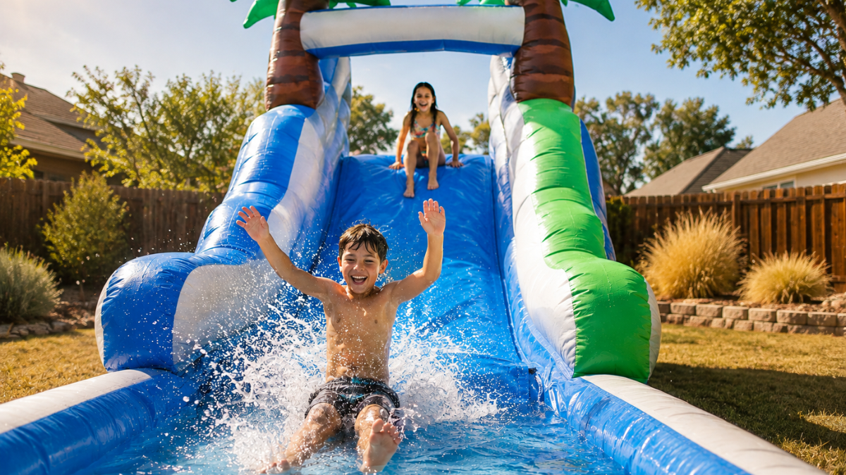 Kids enjoying a water slide at a late summer party in Sacramento