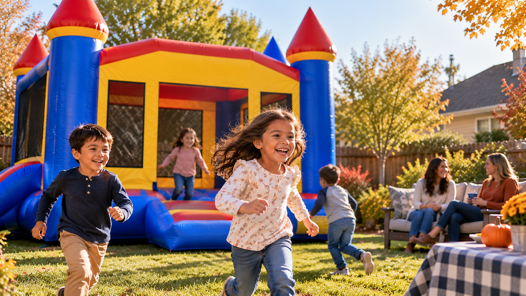 Colorful bounce house set up in a Sacramento backyard for a fall birthday party