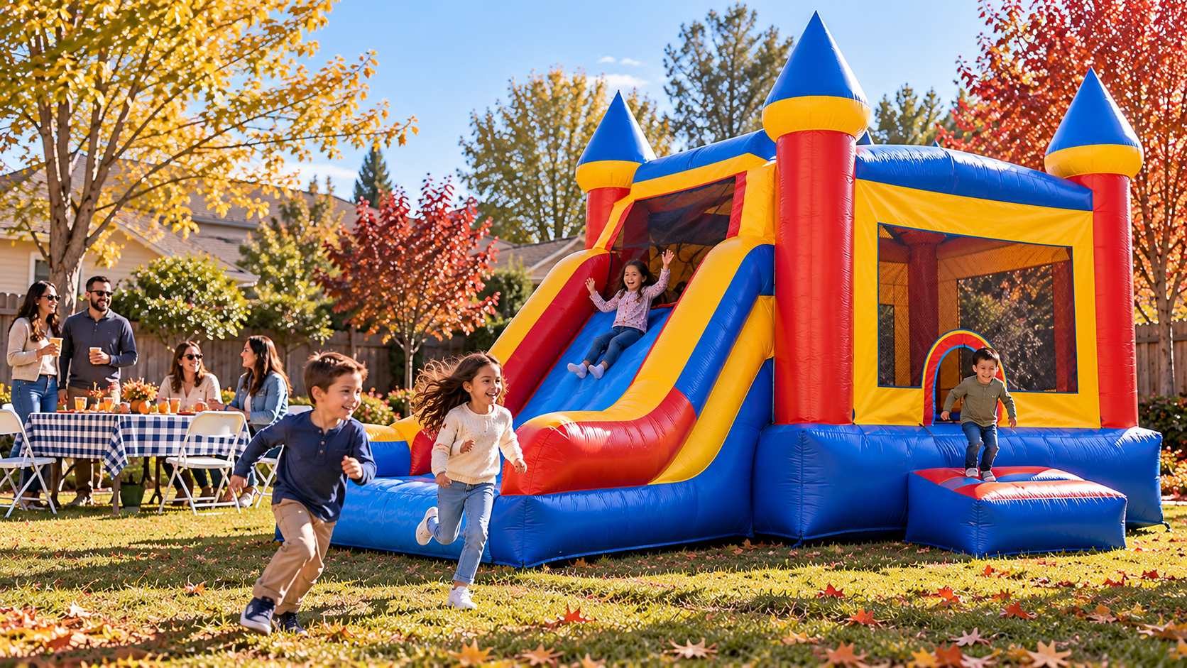 Children enjoying outdoor inflatable entertainment at a fall party in Sacramento