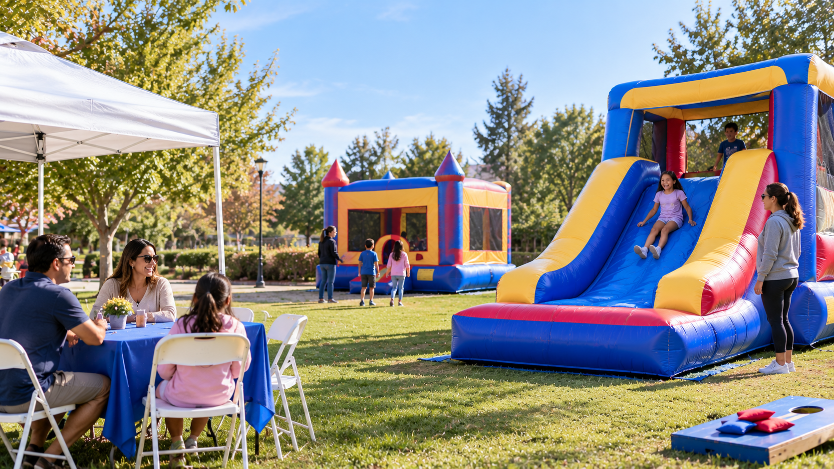 Inflatable party rentals and seating arranged for a Sacramento community gathering
