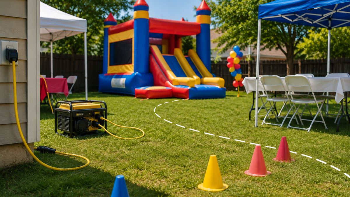 Backyard party setup with bounce house