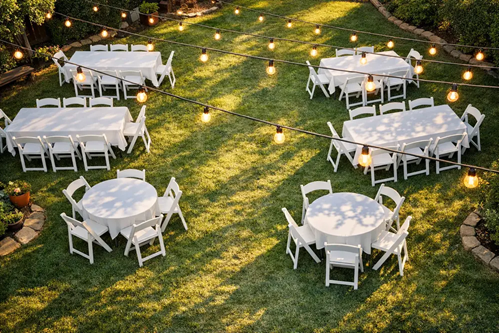 Outdoor event tables and chairs with string lights