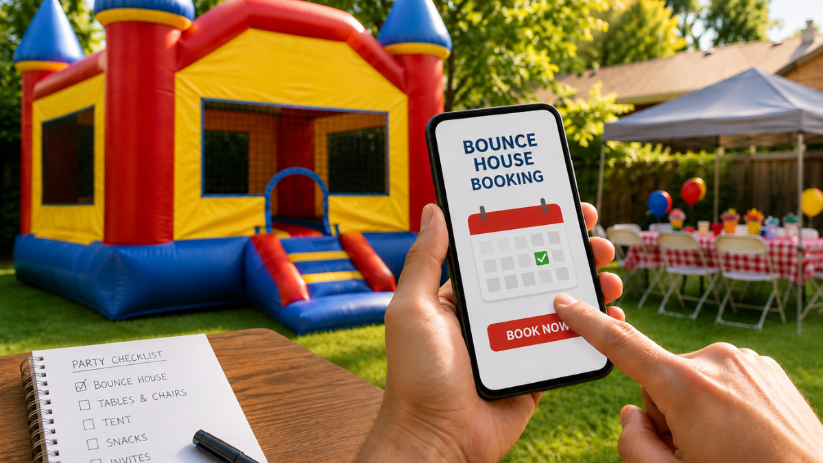 Last-minute bounce house rental setup in Sacramento backyard for late summer party