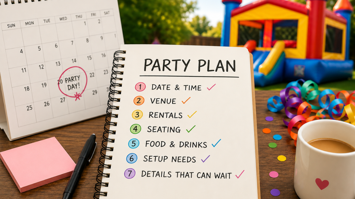 Sacramento family planning a backyard party with bounce house and decorations