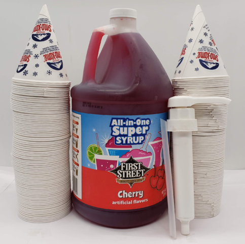 One Gallon Cherry Syrup with Pump and 200 Cones