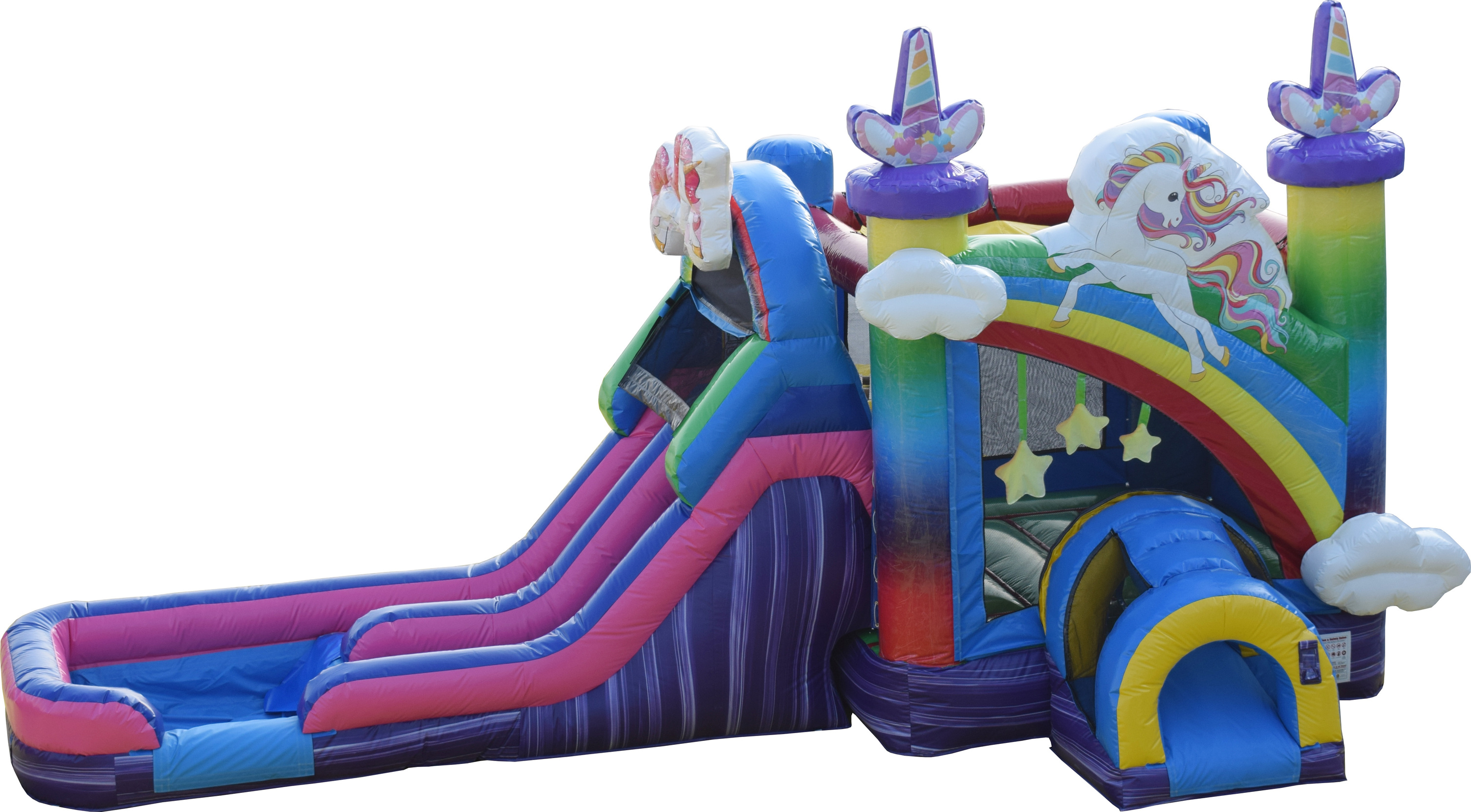Unicorn double lane bounce house with wet slide rental