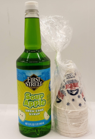 32 Oz Bottle-Sour Apple Snow Cone Syrup and 25 Snow Cone Cups